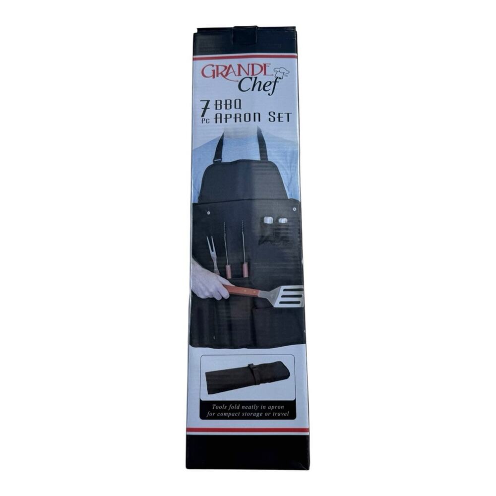 7pc BBQ Grill Tool Set With Apron Grande Chef Barbecue Grilling Utensils Kit NEW
